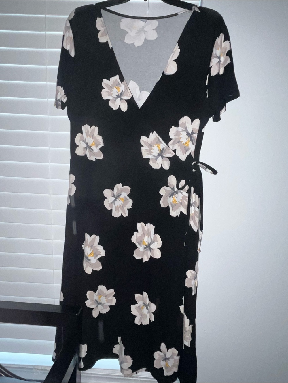 Old Navy Black Wrap Midi Dress with Cream Floral Print